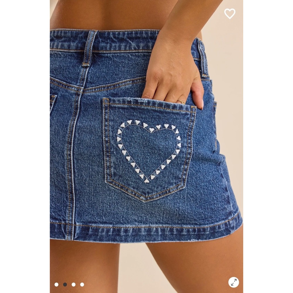 Altar'd State Denim Mini Skirt with‎ Heart Embroidered Back Pockets Size Medium